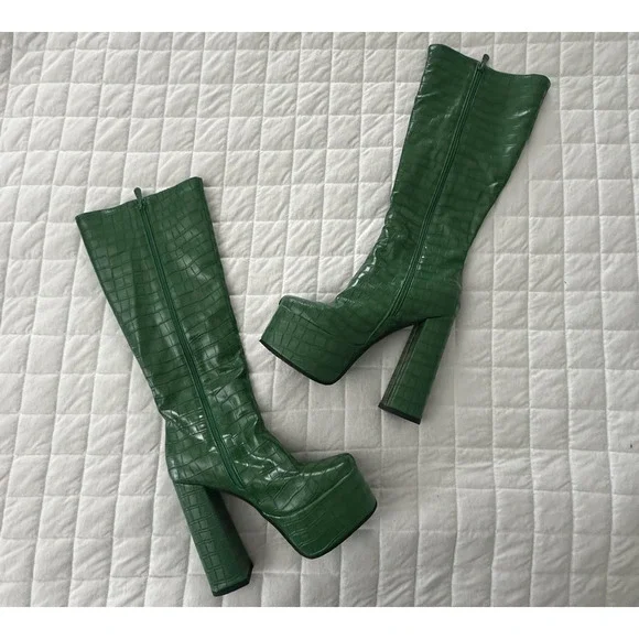 JINGPIN Womens Platform Boots 36 Green Faux Crocodile High Block Heel US 6 Glam - Picture 1 of 16